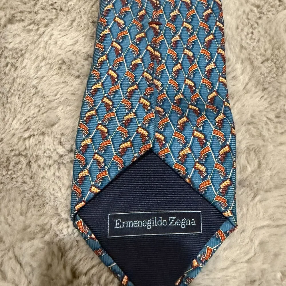 Ermenegildo Zegna Made in Italy Silk‎ Tie Blue with Polo Mallet Pattern Designer